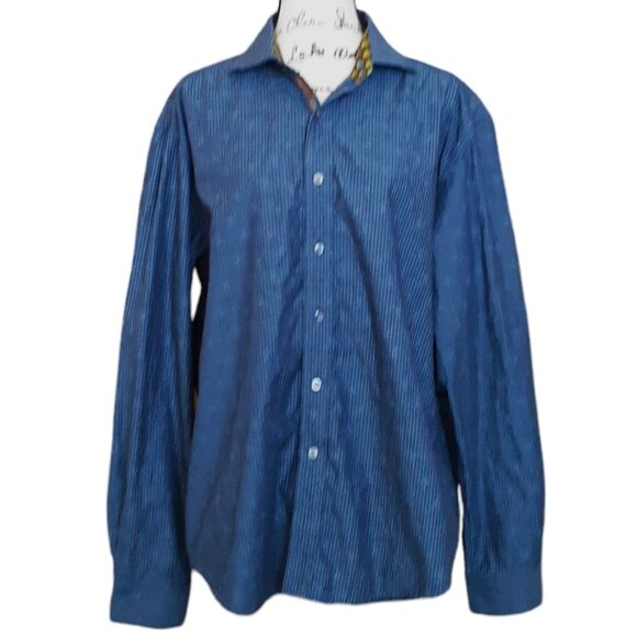 Robert Graham Blue Button Down Shirt Long Sleeve Striped Silk Print Size XL - Picture 2 of 9